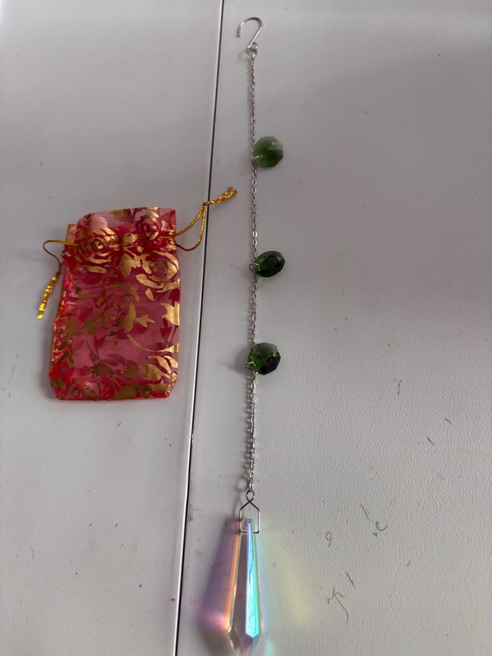 Hand Crafted Silver Chain Suncatcher with Green Beads and Iridescent Crystal